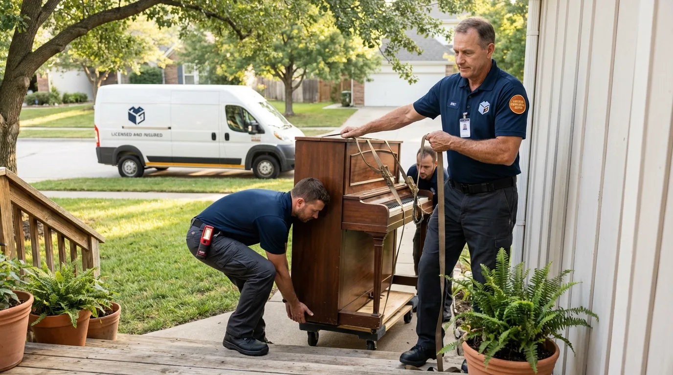 Licensed piano movers securing grand piano in Camden, NY