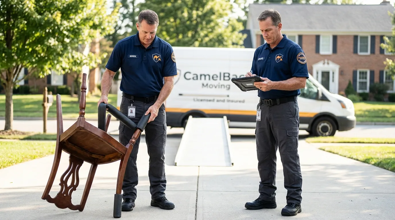 Movers inspecting furniture for damage prevention before loading in Camden, NY