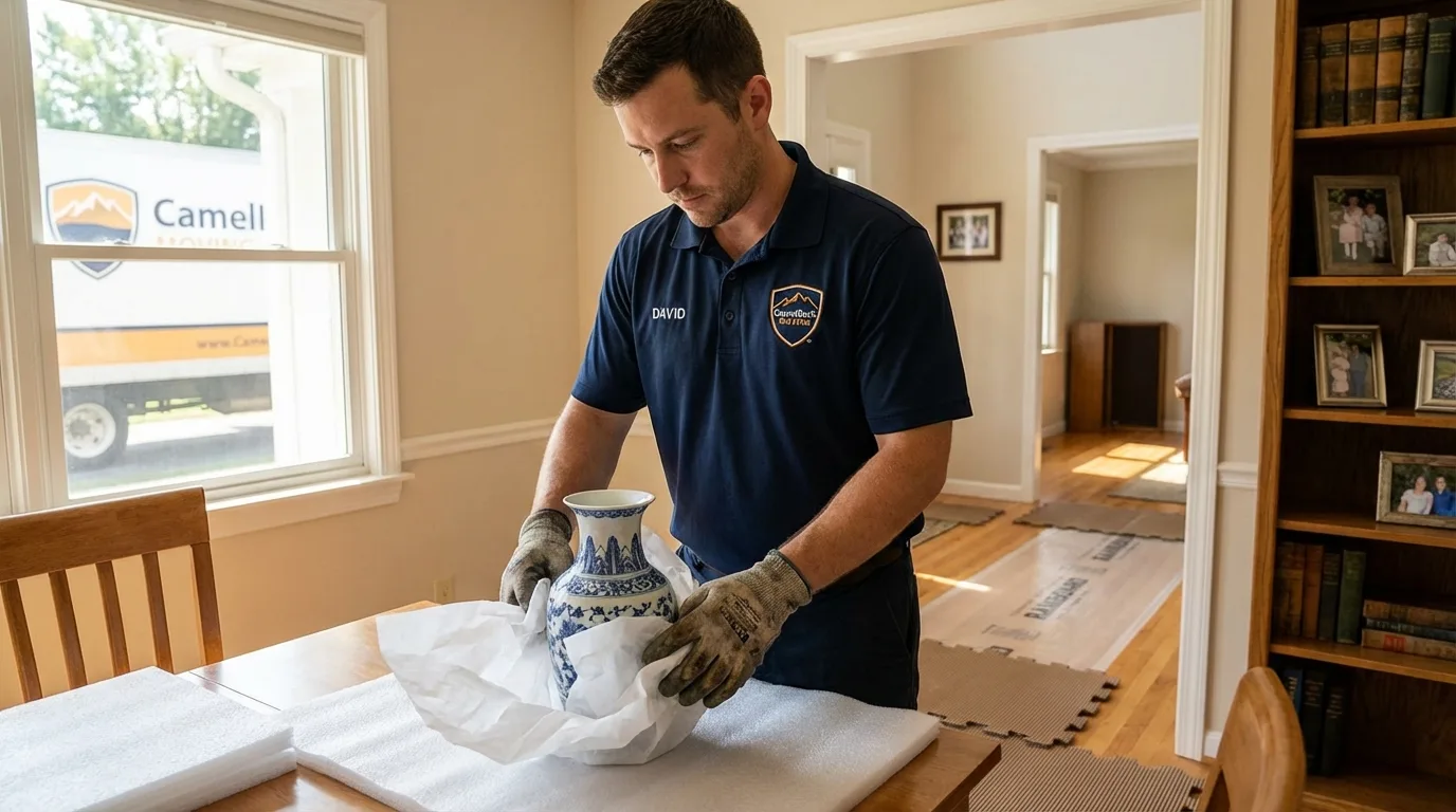 Professional crew carefully wrapping antique vase for senior downsizing move in Camden, NY